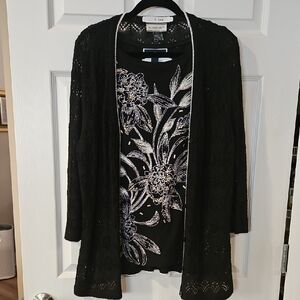 Allison Daley Black Cardigan With Black and White Floral Beaded Top